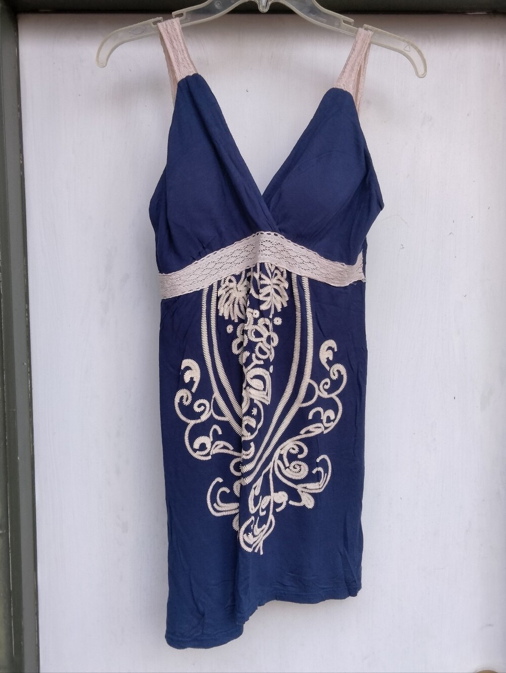 Just Love Size L Navy Blue Deep V-Neck Mini Sundress Tunic Top w/Cream Lace Trim